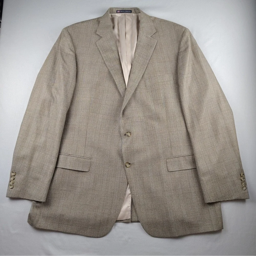 Hart Schaffner Marx 50L Sport Coat Blazer Glen Plaid Check USA Made Tan Brown